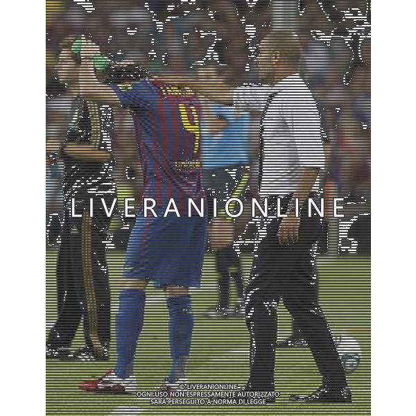 FC Barcelona\'s coach coach Pep Guardiola and Cesc Fabregas (l) during Spanish Supercup 2nd match.August 17,2011. Photo: Acero / Alter / ALFAQUI Photo: Acero / Alter / ALFAQUI