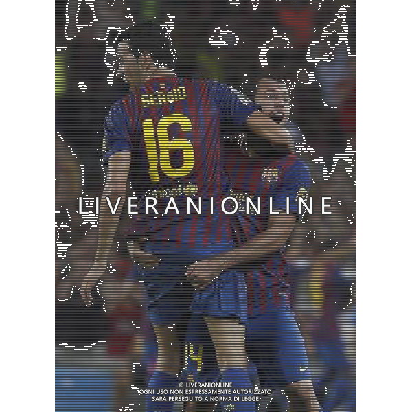 FC Barcelona\'s Sergio Busquets (l) and Javier Mascherano celebrates goal during Spanish Supercup 2nd match.August 17,2011. Photo: Acero / Alter / ALFAQUI Photo: Acero / Alter / ALFAQUI