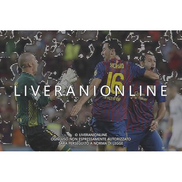 FC Barcelona\'s Victor Valdes, Sergio Busquets (c) and Javier Mascherano celebrates goal during Spanish Supercup 2nd match.August 17,2011. Photo: Acero / Alter / ALFAQUI Photo: Acero / Alter / ALFAQUI