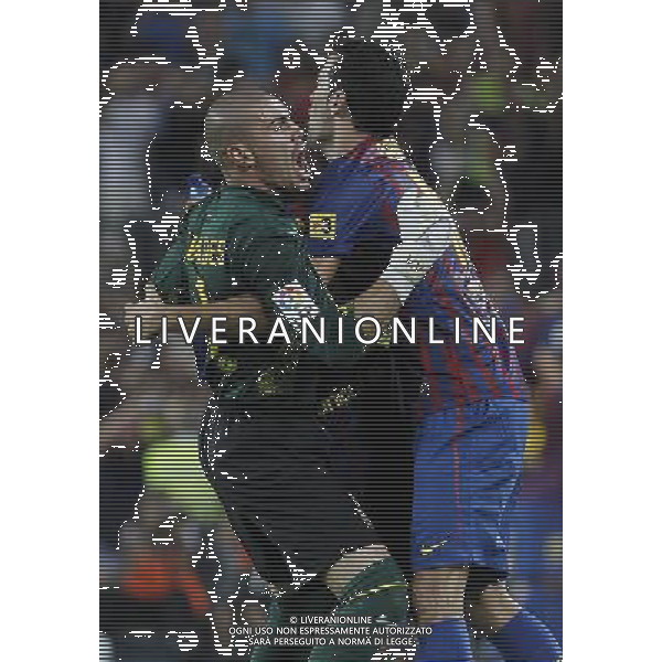 FC Barcelona\'s Victor Valdes (l) and Sergio Busquets celebrates goal during Spanish Supercup 2nd match.August 17,2011. Photo: Acero / Alter / ALFAQUI Photo: Acero / Alter / ALFAQUI