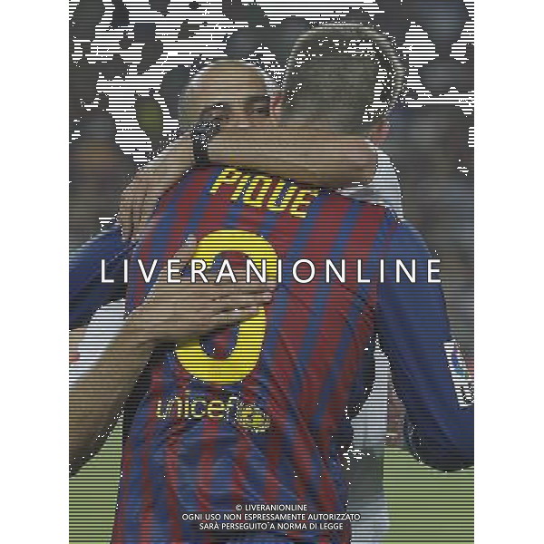 FC Barcelona\'s coach coach Pep Guardiola and Gerard Pique celebrates the victory during Spanish Supercup 2nd match.August 17,2011. Photo: Acero / Alter / ALFAQUI Photo: Acero / Alter / ALFAQUI