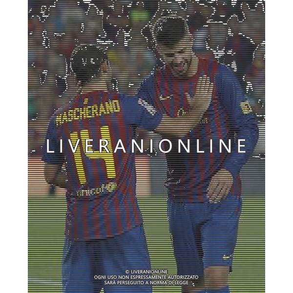 FC Barcelona\'s Javier Mascherano and Gerard Pique celebrates the victory during Spanish Supercup 2nd match.August 17,2011. Photo: Acero / Alter / ALFAQUI Photo: Acero / Alter / ALFAQUI