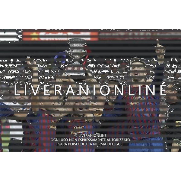FC Barcelona\'s Daniel Alves, Andres Iniesta, Xavi Hernandez, Cesc Fabregas and Gerard Pique celebrates the victory during Spanish Supercup 2nd match.August 17,2011. Photo: Acero / Alter / ALFAQUI Photo: Acero / Alter / ALFAQUI