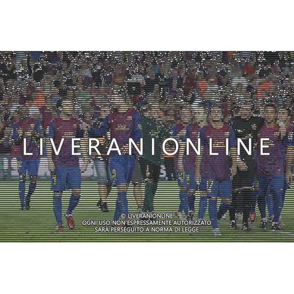 FC Barcelona\'s Eric Abidal, Cesc Fabregas, Gerard Pique, Victor Valdes, Adriano Correia, Andres Iniesta, Pedro Rodriguez, Jose Manuel Pinto, Thiago Alcantara and Alexis Sanchez celebrates the victory during Spanish Supercup 2nd match.August 17,2011. Photo: Acero / Alter / ALFAQUI Photo: Acero / Alter / ALFAQUI