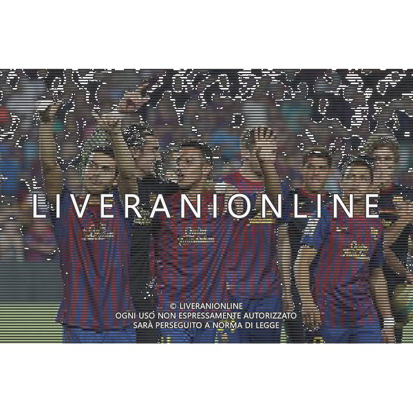 FC Barcelona\'s Pedro Rodriguez, Jose Manuel Pinto, Thiago Alcantara and Alexis Sanchez celebrates the victory during Spanish Supercup 2nd match.August 17,2011. Photo: Acero / Alter / ALFAQUI Photo: Acero / Alter / ALFAQUI