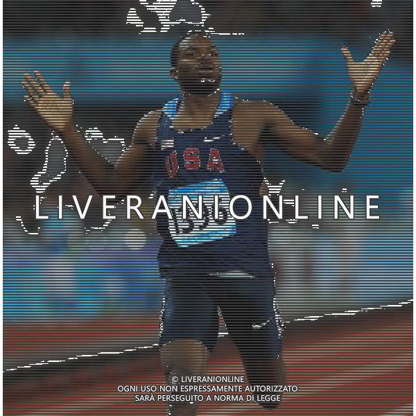 (110819) -- SHENZHEN, Aug. 19, 2011 () -- Jeshua Anderson of the United States celebrates after finishing the men\'s 400m hurdles final of athletics event at the 26th Summer Universiade in Shenzhen, a city of south China\'s Guangdong Province, on Aug. 19, 2011. Jeshua Anderson claimed the gold medal with a time of 49.03 seconds. (/Lin Yiguang)