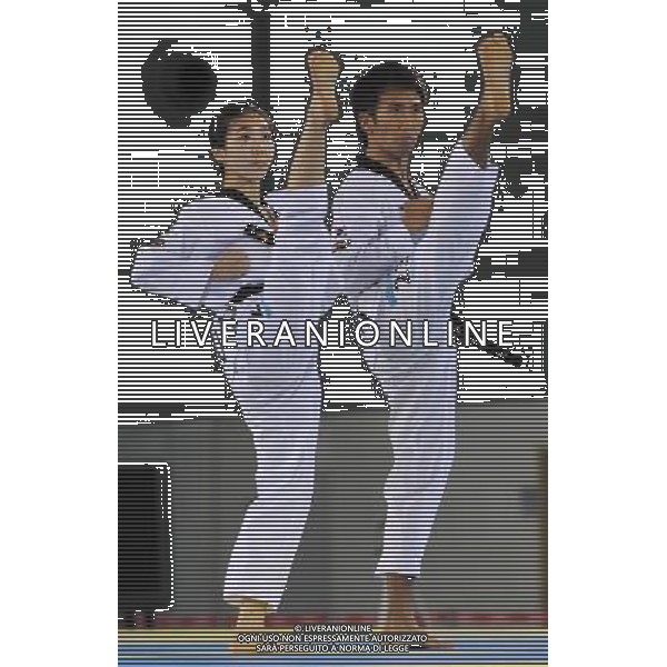 (110819) -- SHENZHEN, Aug. 19, 2011 () -- Lee Jin Ho (R) and Kang Su Ji of South Korea perform during the mixed team poomsae final at the 26th Summer Universiade in Shenzhen, a city of south China\'s Guangdong Province, Aug. 19, 2011. Lee Jin Ho and Kang Su Ji won the gold. (/Liang Xu)(lm)
