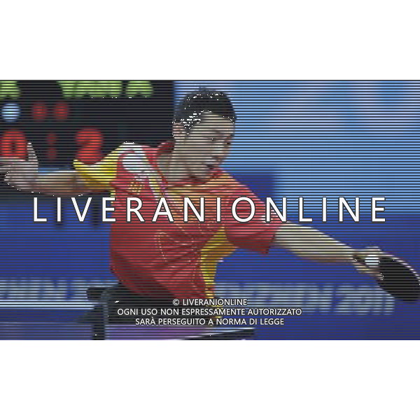 (110820) -- SHENZHEN, Aug. 20, 2011 () -- Xu Xin of China competes during the men\'s singles finals of table tennis event against his teammate Yan An at the 26th Summer Universiade in Shenzhen, a city of south China\'s Guangdong Province, Aug. 20, 2011. Xu won 4-0 to claim the title. (/Yang Shiyao)(bxf)