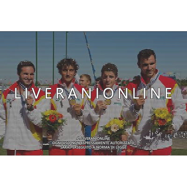 (110822) -- SZEGED, Aug. 22, 2011 () -- Saul Craviotto Rivero, Ekaitz Saies Sistiaga, Carlos Perez Rial and Pablo Andres from Spain pose in the awarding ceremony for the men\'s K1 4x200m relay event of the 2011 ICF World Canoe Sprint Championships in Szeged, Hungary, Aug. 21, 2011. They claimed the title in 2 minutes and 24.891 seconds. (/Attila Volgyi)