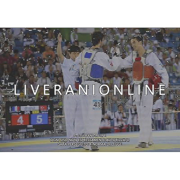 (110823) -- SHENZHEN, Aug. 23, 2011 () -- Umut Bildik (L) of Turkey shakes hands with Stevens Barclais of France after men\'s -63kg match of taekwondo at the 26th Summer Universiade in Shenzhen, a city of south China\'s Guangdong Province, on Aug. 23, 2011. Umut Bildik won Stevens Barclais 5-4 to get the gold medal. (/Liang Xu)(wx)