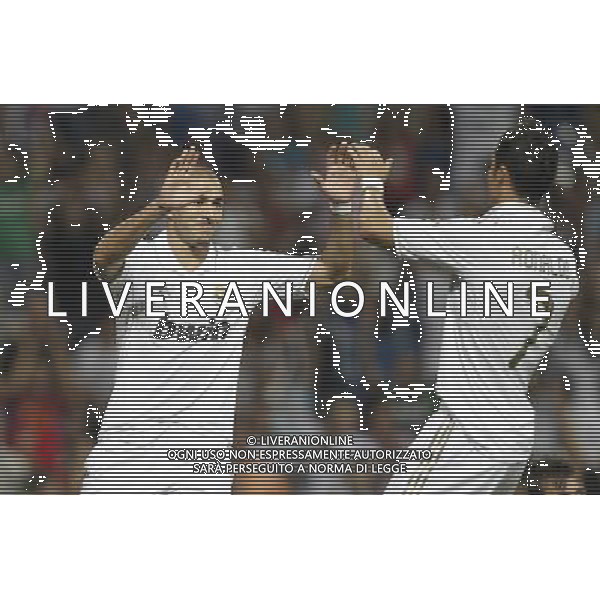 Real Madrid\'s Karim Benzema celebrates goal with Cristiano Ronaldo during Santiago Bernabeu Cup on august 24th 2011. Photo: Cesar Cebolla / ALFAQUI