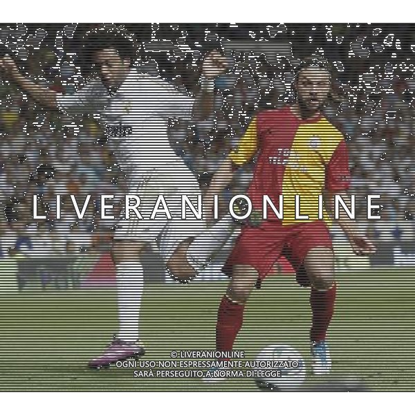 Real Madrid\'s Marcelo and Galatasaray\'s Thomas Ujfalusi during Santiago Bernabeu Cup on august 24th 2011. Photo: Cesar Cebolla / ALFAQUI