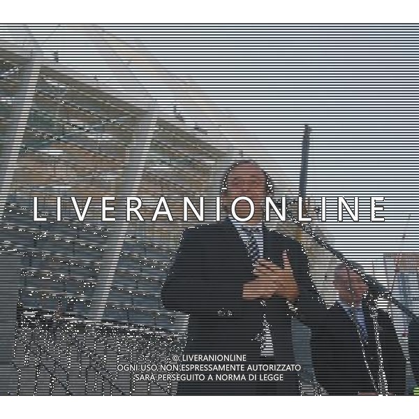(110927) -- KIEV, Sept. 27, 2011 () -- UEFA President Michel Platini makes a speach during his visit to the Olimpiysky football stadium in Kiev, capital of Ukraine on Sept. 27, 2011. Platini is in the Ukraine for a two-day visit to inspect preparations for the upcoming Euro 2012 football championships co-hosted by Ukraine and Poland and due to start on July 28, 2012. (/Olga Tarnavskaya) / Kiev, Ucraina , Il Presidente della UEFA Michel Platini fa un discorso durante la sua visita al Olimpiysky stadium a Kiev - AG. ALDO LIVERANI SAS- ITALY ONLY *** Local Caption *** .