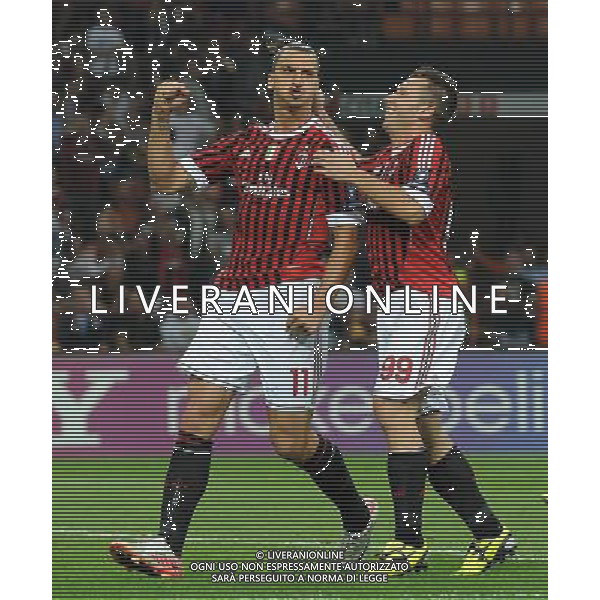 UEFA Champions League 2011/2012 Gruppo H Milano - 28.09.2011 Milan-FK Viktoria Plzen Nella Foto: esultanza dopo il gol di zlatan ibrahimovic con antonio cassano /Ph.Vitez-Ag. Aldo Liverani