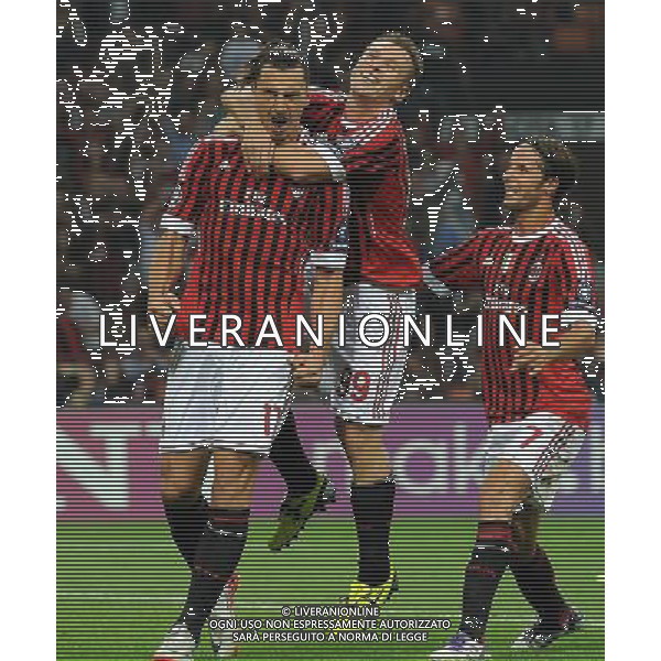 UEFA Champions League 2011/2012 Gruppo H Milano - 28.09.2011 Milan-FK Viktoria Plzen Nella Foto: esultanza dopo il gol di zlatan ibrahimovic con antonio cassano /Ph.Vitez-Ag. Aldo Liverani