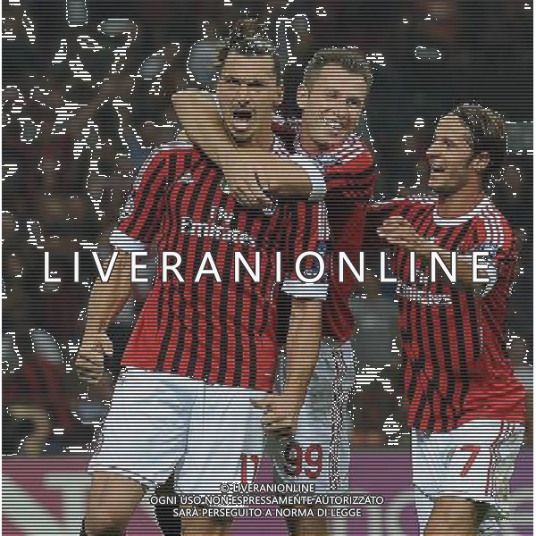 UEFA Champions League 2011/2012 Gruppo H Milano - 28.09.2011 Milan-FK Viktoria Plzen Nella Foto: esultanza dopo il gol di zlatan ibrahimovic con antonio cassano /Ph.Vitez-Ag. Aldo Liverani