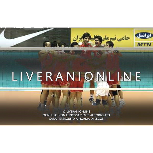 (110929) TEHRAN, Sept. 29, 2011 () Players of Iran celebrate after winning the semifinal against South Korea at the 16th Asian Men\'s Volleyball Championship in Tehran, Iran, Sept. 28, 2011. Iran won 3 1 to advance to the final. (/Ahmad Halabisaz) / Tehran, Iran , Campionato maschile di Volley - AG. ALDO LIVERANI SAS- ITALY ONLY *** Local Caption *** .