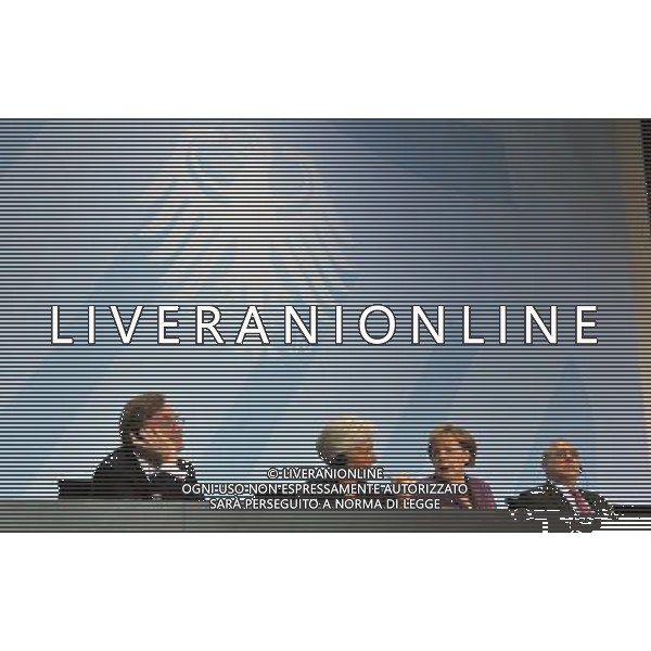 (111006) -- BERLIN, Oct. 6, 2011() -- World Bank President Robert Zoellick, Managing Director of International Monetary Fund (IMF) Christine Lagarde, German Chancellor Angela Merkel and Secretary-General of Organisation for Economic Co-operation and Development (OECD) (from L to R) attend a press conference after a high-level meeting on the reform of the international monetary system in Berlin, capital of Germany on Oct. 6, 2011. (/Ma Ning) AG ALDO LIVERANI S A S ONLY ITALY