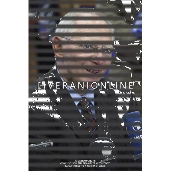 German Finance Minister Wolfgang Schauble talks to the press prior to the meeting of eurozone finance ministers in Brussels, Belgium on 2011-10-21 The chairman of the eurogroup of finance ministers says the delay to a debt crisis creates a \'disastrous\' image of the eurozone to the outside world. Jean-Claude Juncker, who is also the prime minister of Luxembourg, added that it\'s not necessarily just France and Germany that have differences of opinion on how to tackle the crisis. by Wiktor Dabkowski - Photoshot - Ag. Aldo Liverani sas ITALY ONLY BRUXELLES - MEETING DEI MINISTRI DELLE FINANZE DELLA ZONA EURO