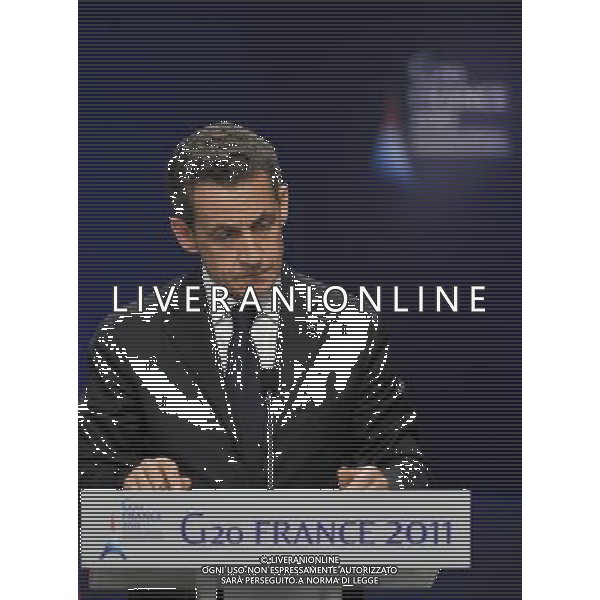 (111103) -- CANNES, Nov. 3 () -- French President Nicolas Sarkozy addresses a press conference on the first day of the G20 summit in Cannes, France, Nov. 3, 2011. Sarkozy on Thursday vowed to protect the euro currency as well as Europe, in a press conference on the first day of the G20 summit held here in the French resort city of Cannes. (/Wu Wei) CANNES - IL G20 ©ag ALDO LIVERANI SAS - ITALY ONLY - *** Local Caption *** .
