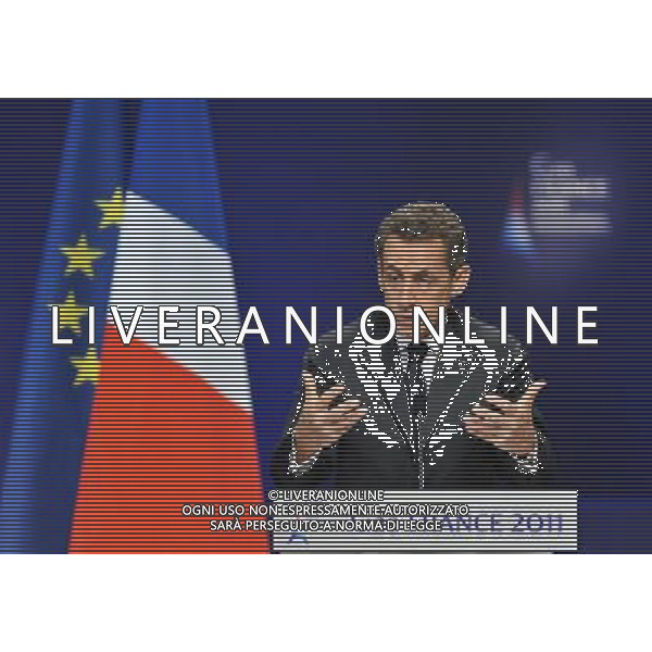 (111103) -- CANNES, Nov. 3 () -- French President Nicolas Sarkozy addresses a press conference on the first day of the G20 summit in Cannes, France, Nov. 3, 2011. Sarkozy on Thursday vowed to protect the euro currency as well as Europe, in a press conference on the first day of the G20 summit held here in the French resort city of Cannes. (/Wu Wei) CANNES - IL G20 ©ag ALDO LIVERANI SAS - ITALY ONLY - *** Local Caption *** .