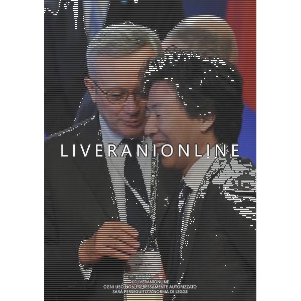 (111104) -- CANNES, NOV. 4, 2011 () -- Italian Finance Minister Giulio Tremonti (L) talks with his Japanese counterpart Jun Azumi Wolfgang Schauble during a commemorative photograph call after the signing of the Convention on Fighting Tax Evasion at the G20 Summit in Cannes, South France, Nov. 4, 2011. (/Wu Wei)(msq) CANNES - IL G20 ©ag ALDO LIVERANI SAS - ITALY ONLY - *** Local Caption *** .