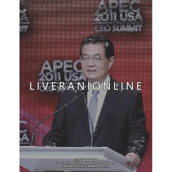 (111112) -- HONOLULU, Nov. 12, 2011 () -- Chinese President Hu Jintao delivers keynote speech during the CEO summit of the Asia-Pacific Economic Cooperation (APEC) in Honolulu, Hawaii, the United States, on Nov. 12, 2011. (/Ding Lin) (cl) ©photoshot/Agenzia Aldo Liverani Sas - ITALY ONLY - Assemblea dei leaders economici dell\'APEC a Honolulu, Stati Uniti, 12 novembre 2011.
