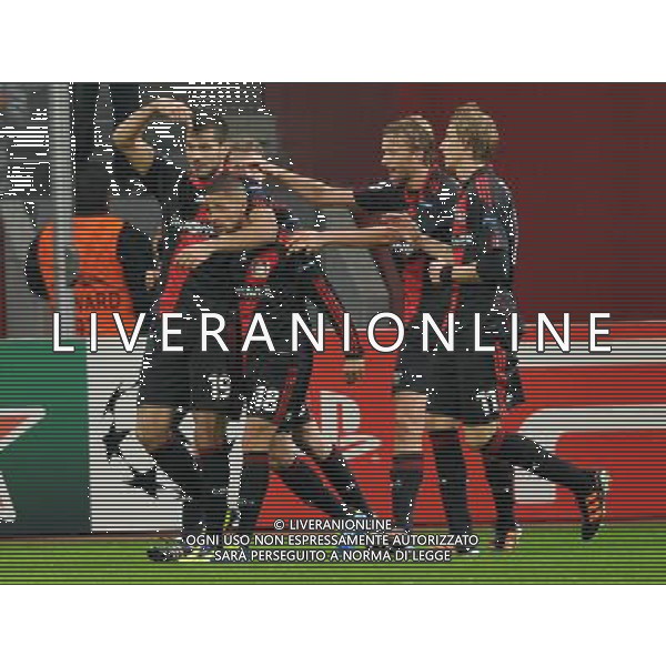 (111124) -- LEVERKUSEN, Nov. 24, 2011 () -- Eren Derdiyok (L1) of Bayer 04 Leverkusen celebrates his goal with teammates during the UEFA Champions League Group E match against Chelsea FC at Bay Arena in Leverkusen, Germany, Nov. 23, 2011. Bayer 04 Leverkusen won the match 2-1. (/Ma Ning) AG ALDO LIVERANI S A S ONLY ITALY
