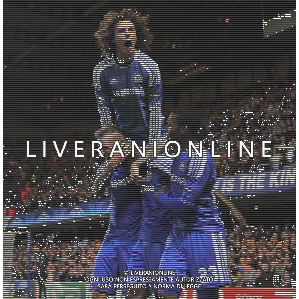©Sean Ryan å© IPS/å© Sean Ryan /IPS/MAXPPP - 06/12/2011 ; Chelsea, London ; UK - David Luiz of Chelsea jumps for joy as Ramires (C) of Chelsea celebrates his goal with Raul Meireles. and Daniel Sturridge..Chelsea v Valencia, .Champions League,.Group E,.Stamford Bridge, London. UK. .6/12/11,.photo: Sean Ryan / IPS Photo Agency.. mobile: 07971 400 939.Address: Thatched Cottage,Wretham,.Thetford, Norfolk IP24 1RH Office tel: 01953 499 403.. ******************* UK OUT ******************* *** Local Caption *** .
