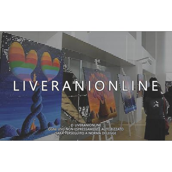 (111229) -- HONG KONG, Dec. 29, 2011 () -- People look at the paintings of Turkish artist Coplu in Hong Kong, south China, Dec. 29, 2011. The art exhibition \'Colours of Love\' by Turkish artist Coplu was held in Hong Kong Thursday. The artist expresses his hope and dream for humankind and a bright future through his works. (/Song Zhenping) (cxy) - Xinhua/Photoshot - ag. aldo liverani sas italy only HONG KONG - MOSTRA DELL\' ARTISTA TURCO COPLU \' COLOURS OF LOVE\'