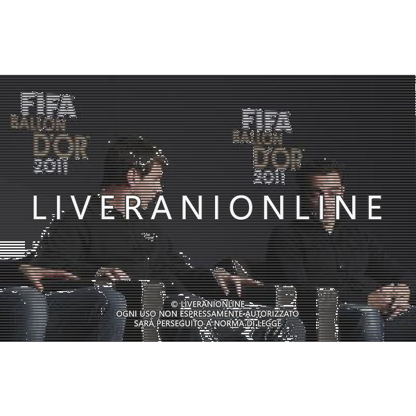 (120109) -- ZURICH, Jan. 9, 2012 () -- Lionel Messi of Argentina and Barcelona FC (L) and his teammate Xavi Hernandez of Spain, nominees for the FIFA Ballon d\'Or, attend a press conference ahead of the FIFA Ballon d\'Or Gala 2012 at the congress hall in Zurich, Switzerland, Jan. 9, 2012. (/Zhou Lei) ©PHOTOSHOT/Agenzia Aldo Liverani Sas - ITALY ONLY: ZURIGO - PREMIAZIONE \' PALLONE D\'ORO 2011\'