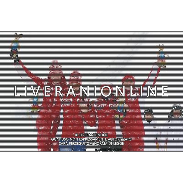 (120121) -- INNSBRUCK, Jan. 21, 2012 () -- Silver medalists Team Russia celebrate after Cross country skiing biathlon mixed relay at Seefeld Arena at the 1st Innsbruck 2012 Youth Olympic Games in Innsbruck, Austria, Jan. 21, 2012. Russia won the silver medal with 1 hour 5 minutes and 22.5 seconds. (/Bai Xuefei) ©photoshot/Agenzia Aldo Liverani Sas - ITALY ONLY - Austria: Giochi Olimpici della Gioventu\' a Innsbruck
