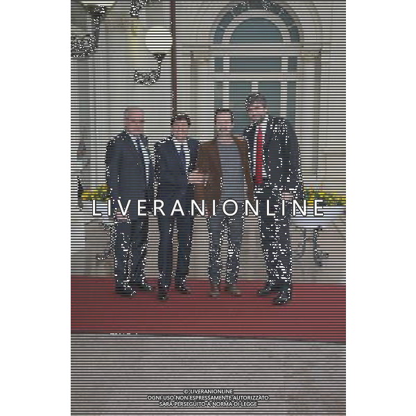 Conferenza stampa di presentazione della 62ma edizione del Festival della Canzone Italiana di Sanremo 31-01-2012 nella foto Gianni Morandi con Rocco Papaleo, il direttore di Rai 1 Mauro Mazza e il direttore artistico Gianmarco Mazzi ©Gazzaniga/Agenzia Aldo Liverani Sas