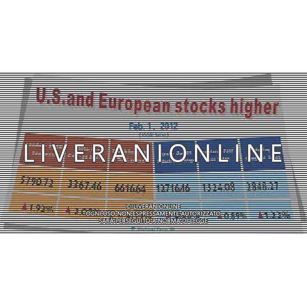 (120202) -- BEIJING, Feb. 2, 2012 () -- Graphics shows the major indices of U.S. and European stock markets on Feb. 1, 2012. (/Feng Qi) - Xinhua/Photoshot - ag. aldo liverani sas italy only IL GRAFICO MOSTRA I MAGGIORI INDICI DEL MERCATO DELLA BORSA AMERICANO ED EUROPEO IL 1¡ FEBBRAIO 2012