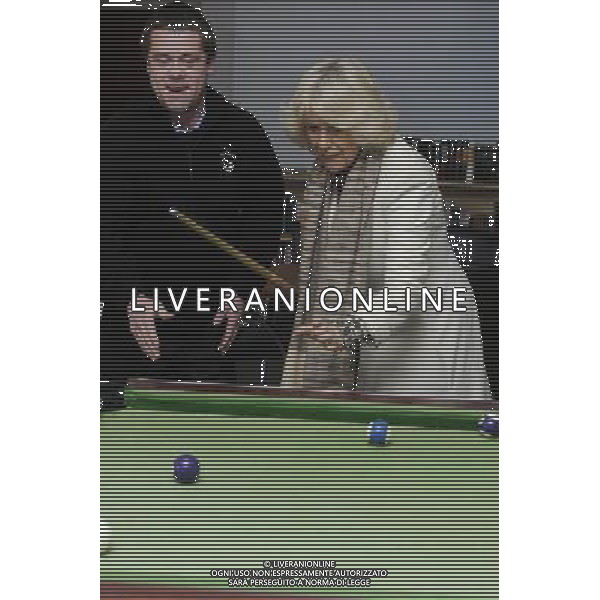 The Duchess of Cornwall today visited \'Emmaus Cambridge\', The formerly homeless residents, known as Companions, live on-site at the Emmaus Community in Landbeach. The Duchess visited all areas and facilities of the Community, including the electrical workshop, furniture store and coffee shop.Companions living in Emmaus Communities sign offunemployment benefits and work full time at the business of the community which is collecting, refurbishing and selling donated household goods. The Duchess of Cornwall is Patron of Emmaus UK Photo Shows; The Duchess of Cornwall playing pool with some of the Companions © David Wimsett - photoshot - ag. aldo liverani sas italy only REALI INGHILTERRA - CAMILLA, DUCHESSA DI CORNOVAGLIA, MENTRE GIOCA A BILIARDO DURANTE LA SUA VISITA A CAMBRIDGE