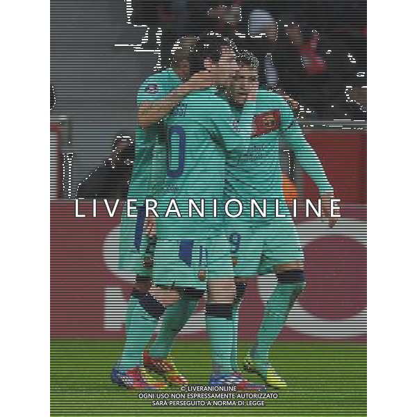 firo Fu§ball,Fussball, 14.02.2012 UEFA Champions League, Saison 2011/2012 Bayer 04 Leverkusen - FC Barcelona 1:3 Torjubel, Jubel, Alexis Sanchez, Barcelona, Tor zum 0:1, Jubel mit Lionel Messi, Barcelona und Daniel Alves, Barcelona $worldrightsEs gelten unsere AGB, einsehbar auf www.firosportphoto.de copyright by firo sportphoto: Coesfelder Stra§e 207Ê 48249 D † L M E N (Duelmen) www.firosportphoto.de mail@firosportphoto.de (V o l k s b a n k B o c h u m - W i t t e n ) BLZ.: 430 601 29 Kt. Nr.: 341 117 100 Tel:Ê 02594-9916004 Fax:Ê 02594-9916005 Champions League, Bayer Leverkusen Barcellona 1-3 ©AG ALDO LIVERANI SAS - ITALY ONLY *** Local Caption *** .