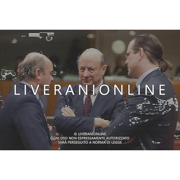 (120221) -- BRUSSELS, Feb. 21, 2012 () -- (L-R) Spain\'s Economy Minister Luis de Guindos, Poland\'s Finance Minister Jacek Rostowski and Sweden\'s Finance Minister Anders Borg attend an ECOFIN meeting at the EU Headquarters in Brussels, capital of Belgium, on Feb. 21, 2012. (/Thierry Monasse) (yy) - Xinhua/Photoshot - ag. aldo liverani sas italy only