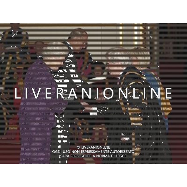 Queen Elizabeth II and The Duke of Edinburgh present a Royal Anniversary Prize for Higher and Further Education to Professor Chris Jenks and Professor Susan Jobling (obscured) of Brunel University, at Buckingham Palace, central London. The honour recognises and celebrates outstanding work which is making a practical impact for human progress. ©photoshot/AGENZIA ALDO LIVERANI SAS - ITALY ONLY - REALI INGLESI: La regina Elisabetta II d\'inghilterra, durante il ricevimento della consegna dei premi dei Royal Anniversary Prizes a Buckingham Palace, a Londra.