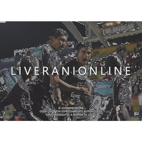 (120308) -- QUITO, March 8, 2012 () -- Matias Alustiza (2nd R) and Luis Checa (2nd L) of Deportivo Quito of Ecuador celebrate an annotation against Velez Sarsfield of Argentina during a Copa Libertadores match at the Olimpico Atahualpa stadium, in Quito, capital of Ecuador, on March 7, 2012. (/Santiago Armas) (sa) (py) ©photoshot/AGENZIA ALDO LIVERANI SAS - ITALY ONLY - Quito dell\'Ecuador - Velez Sarsfield dell\'Argentina durante una partita di Copa Libertadores alla stadio Olimpico Atahualpa, in Quito, capitale dell\'Ecuador, il 7 marzo 2012. 