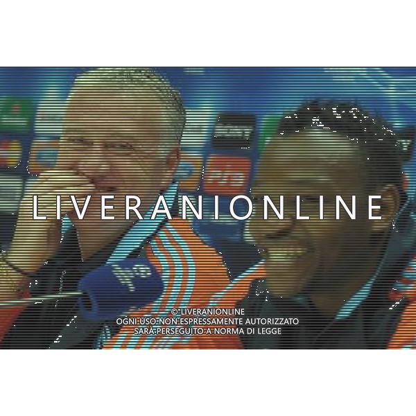 MILANO 12/3/2012 STADIO SAN SIRO CONFERENZA STAMPA DI DIDIER DESCHAMPS E STEVE MANDANA RISPETTIVAMENTE ALLENATORE E CAPITANO/PORTIERE DELL\'Olympique Marsiglia IN VISTA DELLA PARTITA DI RITORNO DEGLI OTTAVI DI CHAMPIONS LEAGUE CONTRO L\'INTER NELLA FOTO DIDIER DESCHAMPS E STEVE MANDANA ©ROMANO/ALDO LIVERANI