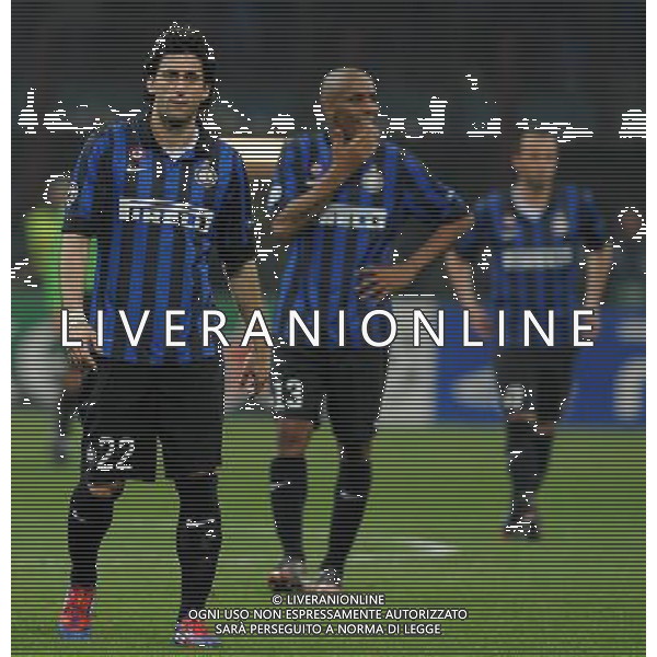 UEFA Champions League 2011/2012 Ottavi di Finale Ritorno Milano - 13.03.2012 Inter-Olympique Marsiglia Nella Foto:delusione milito maicon pazzini /Ph.Vitez-Ag. Aldo Liverani