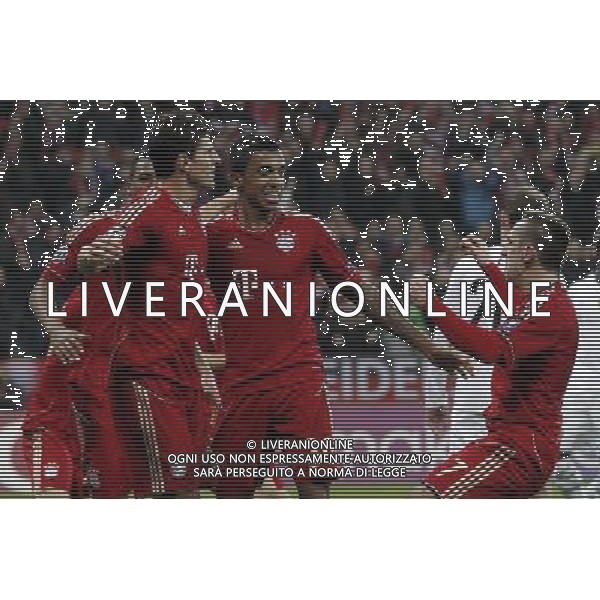 firo FuÃŸball,Fussball, 13.03.2012 Uefa Champions League Saison 2011/2012 Achtelfinale, Achtelfinal RÃ¼ckspiel, CL, FC Bayern MÃ¼nchen, Muenchen, FCB, FC Basel, 7 : 0, Jubel, jubeln, Gestik, um Mario Gomez, Bayern, mit Luis Gustavo, Bayern, rechts, Franck Ribery, Bayern, $worldrightsEs gelten unsere AGB, einsehbar auf www.firosportphoto.de copyright by firo sportphoto: Coesfelder Str.207 48249 DÃ¼lmen www.firosportphoto.de mail@firosportphoto.de (V o l k s b a n k B o c h u m - W i t t e n ) BLZ.: 430 601 29 Kt. Nr.: 341 117 100 Tel:Â  02594 - 9916004 Fax:Â 02594 - 9916005 BAYERN MONACO - BASILIEA CHAMPIONS LEAGUE - AG ALDO LIVERANI SAS - ITALY ONLY - *** Local Caption *** .