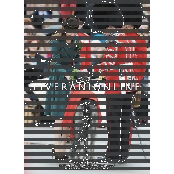 DUCHESS OF CAMBRIDGE - presents shamrocks to members of the 1st Battalion Irish Guards at the St Patrick\'s Day Parade, Mons Barracks, Aldershot on Saturday March 17 2012. 450 soldiers were on parade, accompanied by the regimental mascot Conmeal, an Irish wolfhound who received his own sprig of shamrock from the Duchess. This was her first solo military engagement and she will now inherit a tradition begun in 1901 by Queen Alexandra and more recently carried out for 32 years by the Queen Mother. Prince William is honorary Colonel of the Irish Guards. Kate Middleton, green dress, pillbox hat.NPA ROTA March 17 2012 ©photoshot/Agenzia Aldo Liverani Sas - ITALY ONLY - REALI INGLESI: Kate Middleton duchessa di Cambridge con il battaglione delle Guardie irlandesi durante la Parata del giorno di San Patrizio, Caserma Mons, Aldershot 17 Marzo 2012.