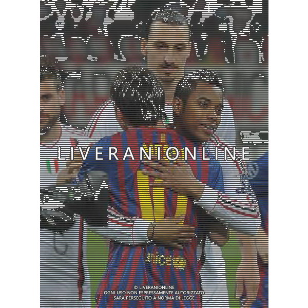 UEFA Champions League 2011/2012 Quarti di Finale Andata Milano - 28.03.2012 Milan-Barcellona Nella Foto:lionel messi abbraccia robinho e zlatan ibrahimovic /Ph.Vitez-Ag. Aldo Liverani