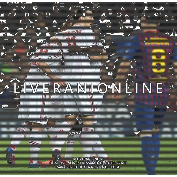 UEFA Champions League 2011/2012 Quarti di Finale Ritorno Barcellona (Spagna) - 03.04.2012 Barcellona-Milan Nella Foto: esultanza dopo il gol del pareggio di antonio nocerino con ibrahimovic /Ph.Vitez-Ag. Aldo Liverani