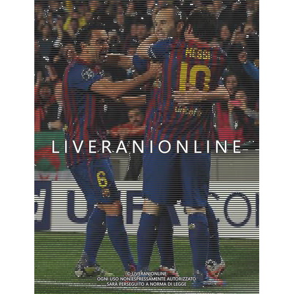 UEFA Champions League 2011/2012 Quarti di Finale Ritorno Barcellona (Spagna) - 03.04.2012 Barcellona-Milan Nella Foto: esultanza dopo il gol di iniesta con messi /Ph.Vitez-Ag. Aldo Liverani