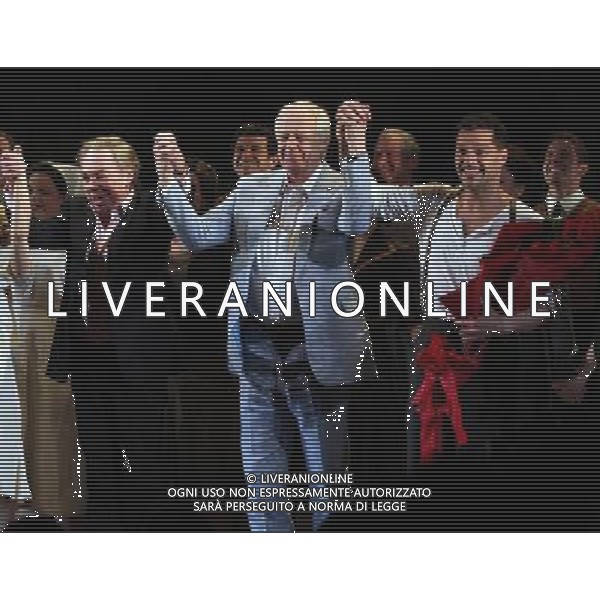 Andrew Lloyd Webber, Tim Rice \' Ricky Martin with the Company during the Broadway Opening Night Performance Curtain Call for \'EVITA\' at the Marquis Theatre in New York City on 4/5/2012 ©photoshotI/Agenzia Aldo Liverani Sas - ITALY ONLY - Il Musical \'Evita\' spettacolo teatrale in scena al Marquis Theatre di New York