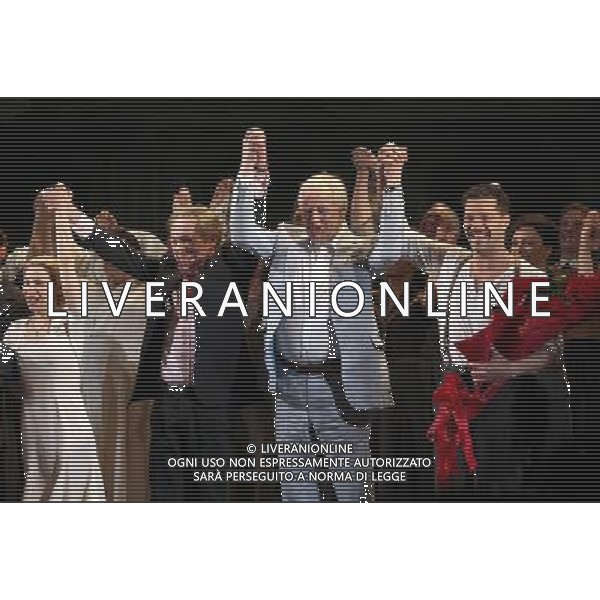 Andrew Lloyd Webber, Tim Rice \' Ricky Martin with the Company during the Broadway Opening Night Performance Curtain Call for \'EVITA\' at the Marquis Theatre in New York City on 4/5/2012 ©photoshotI/Agenzia Aldo Liverani Sas - ITALY ONLY - Il Musical \'Evita\' spettacolo teatrale in scena al Marquis Theatre di New York