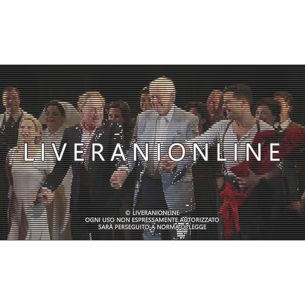 Elena Roger, Andrew Lloyd Webber, Tim Rice \' Ricky Martin with the Company during the Broadway Opening Night Performance Curtain Call for \'EVITA\' at the Marquis Theatre in New York City on 4/5/2012 ©photoshotI/Agenzia Aldo Liverani Sas - ITALY ONLY - Il Musical \'Evita\' spettacolo teatrale in scena al Marquis Theatre di New York