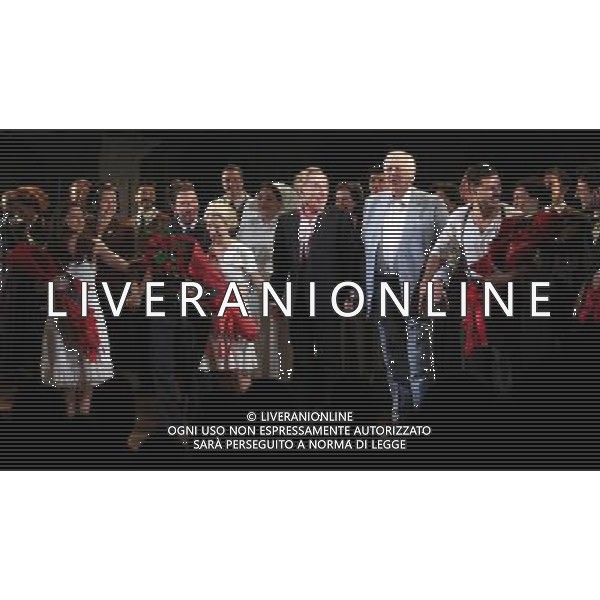 Rachel Potter, Michael Cerveris, Elena Roger, Andrew Lloyd Webber, Tim Rice, Ricky Martin \' Max Von Essen with the Company during the Broadway Opening Night Performance Curtain Call for \'EVITA\' at the Marquis Theatre in New York City on 4/5/2012 ©photoshotI/Agenzia Aldo Liverani Sas - ITALY ONLY - Il Musical \'Evita\' spettacolo teatrale in scena al Marquis Theatre di New York